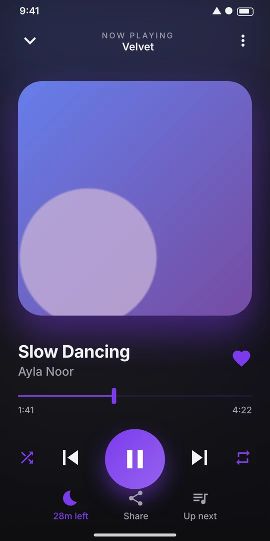 Dark mode player with violet accent