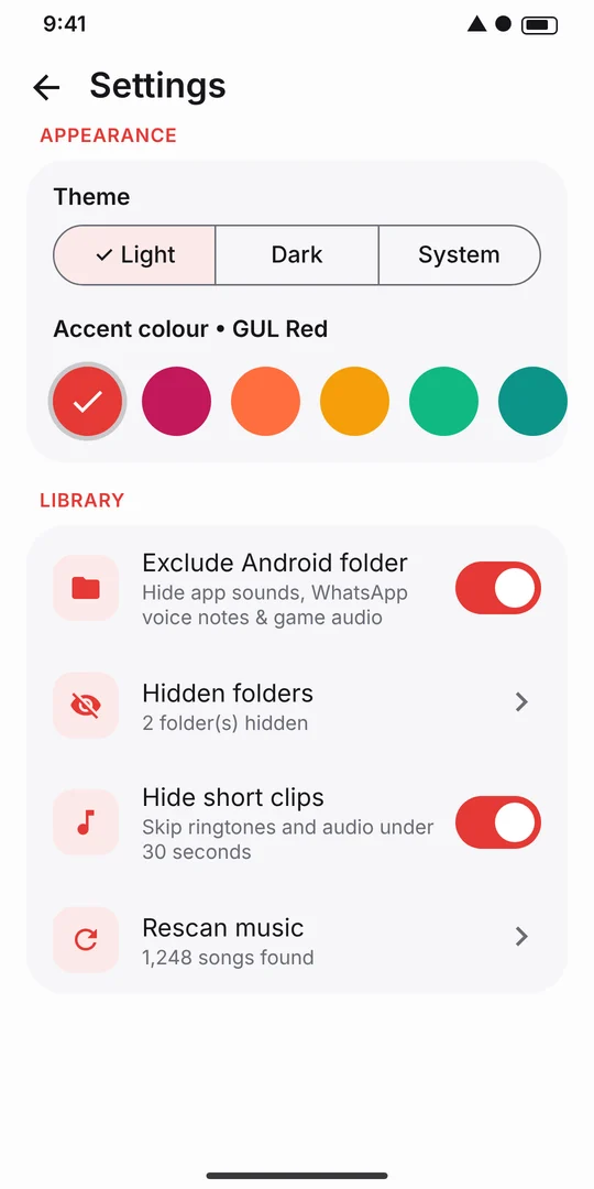 Settings with Exclude Android folder option